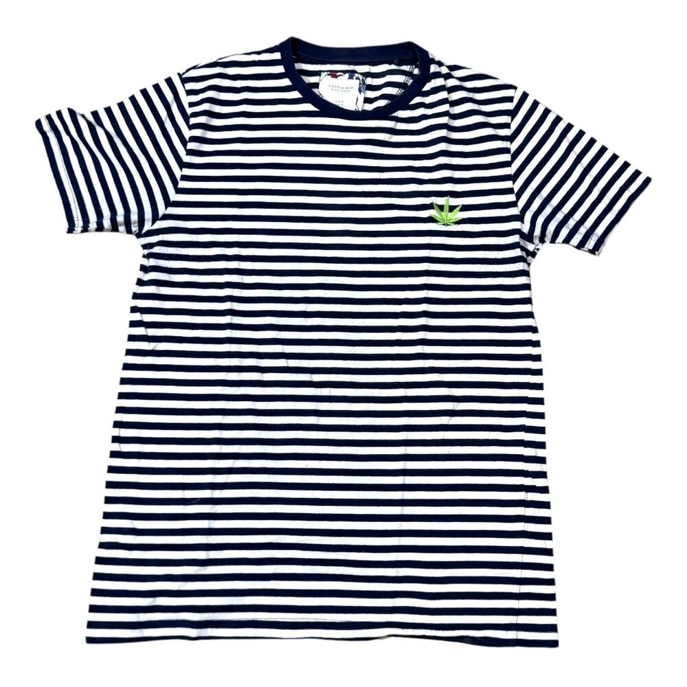 Cactus Man Striped Navy & White T-Shirt Embroidered Weed Pot Cannibus Leaf S